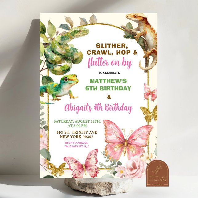Butterflies and Reptiles Joint Sibling Birthday  Invitation (Creator Uploaded)