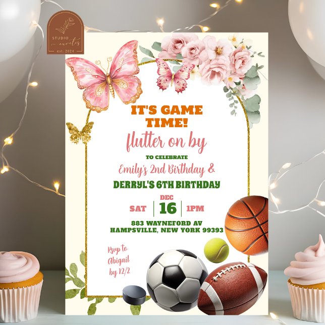 Butterflies and Sports Joint Sibling Birthday Invitation (Creator Uploaded)