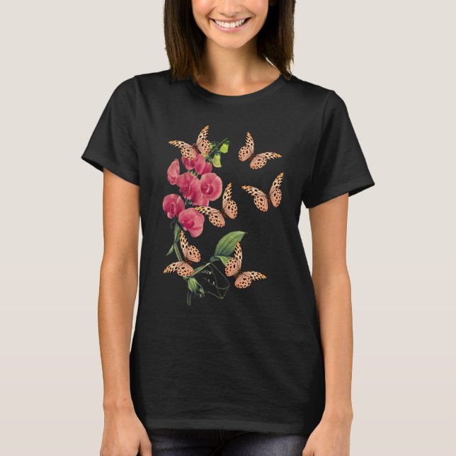 Butterflies And Sweet Pea Flower Black T-Shirt (Front)