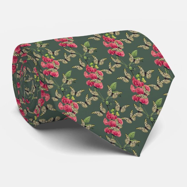 Butterflies And Sweet Pea Flower Green Tie (Rolled)
