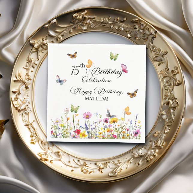 Butterflies and Wildflowers Elegant 75th Birthday Napkin (Creator Uploaded)