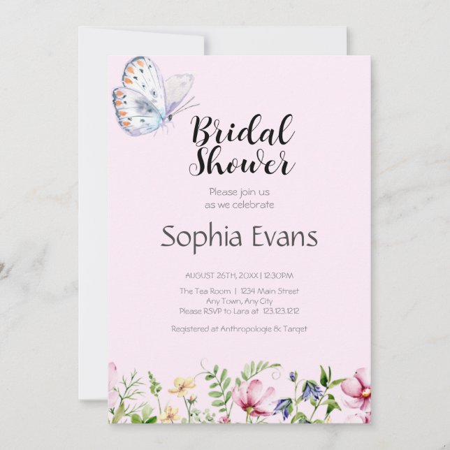 Butterflies and Wildflowers Pink Bridal Shower Invitation (Front)