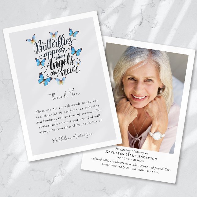 Butterflies Angels Photo Memorial Sympathy Funeral Thank You Card (Creator Uploaded)