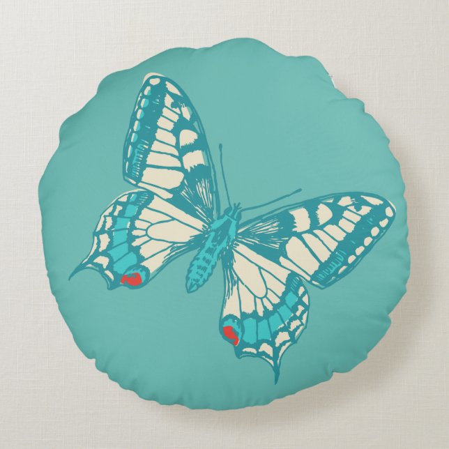 Butterflies aqua beige red round throw pillow (Back)