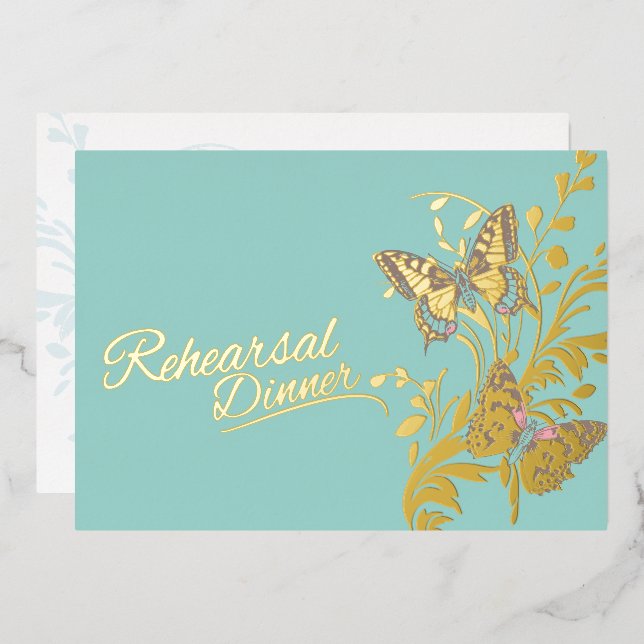 Butterflies aqua gold wedding rehearsal dinner (Front/Back)