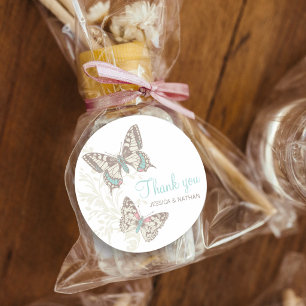 Butterflies aqua teal inked art wedding favour classic round sticker