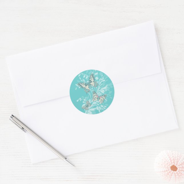 Butterflies art and damask aqua teal classic round sticker (Envelope)