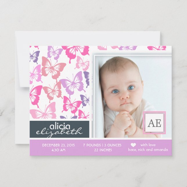 Butterflies baby girl photo birth announcement (Front)