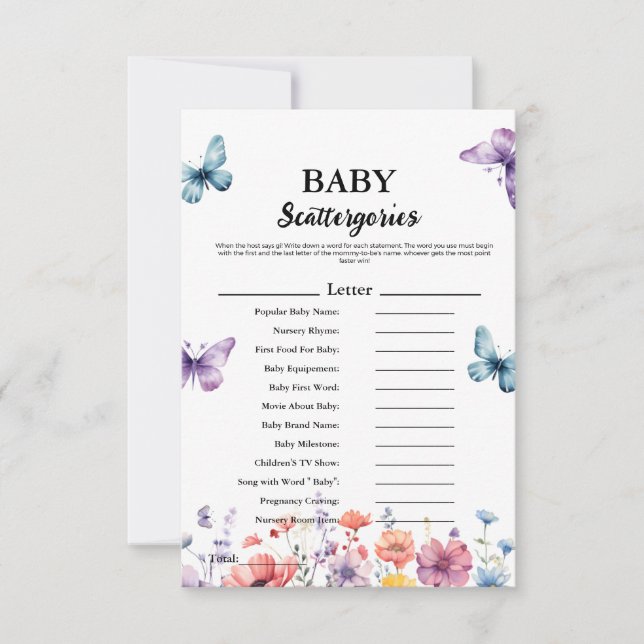 Butterflies  baby scattergories baby shower game  (Front)