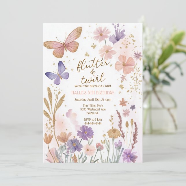 Butterflies birthday, magical birthday butterfly  invitation (Standing Front)
