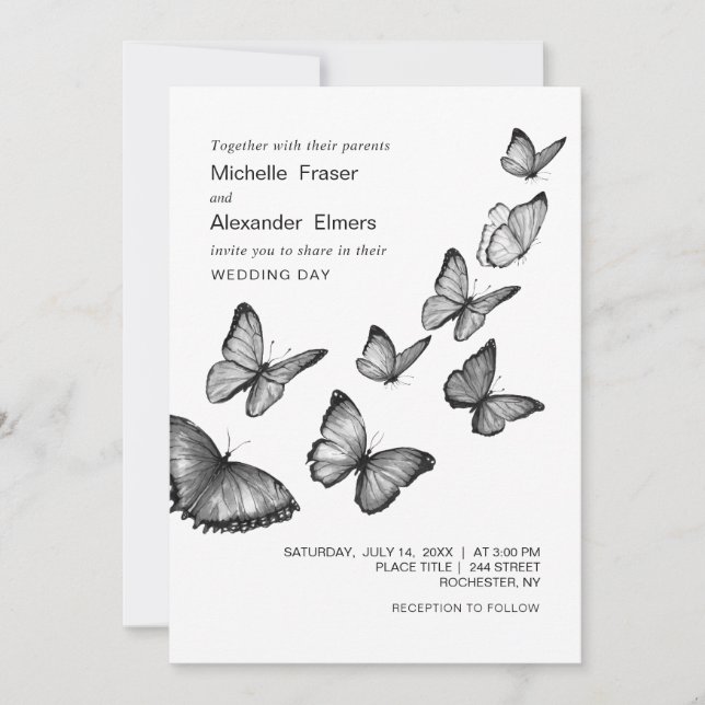 Butterflies. Black and white stylish Wedding Invitation (Front)