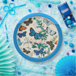 Butterflies, blue frame paper plate