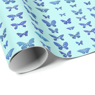 Butterflies, blue, light turquoise background wrapping paper