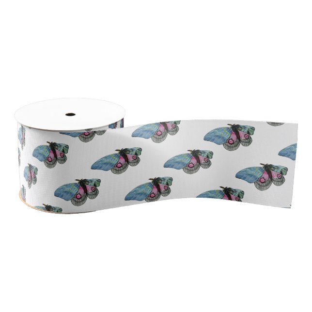Butterflies Blue Pink Digital Art Grosgrain Ribbon (Spool)