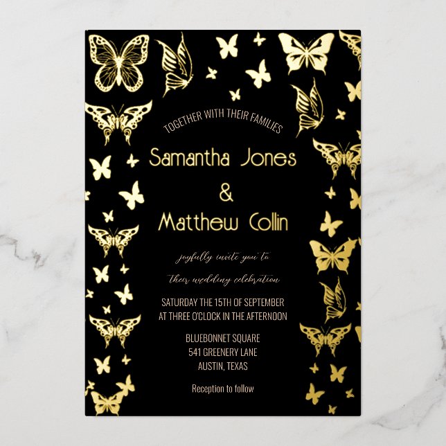 Butterflies Boho Black Gold Foil Wedding (Front)