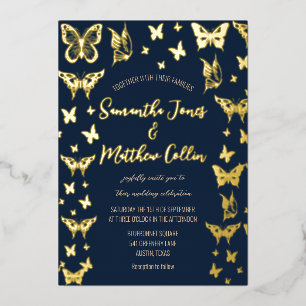 Butterflies Boho Navy Blue Gold Foil Wedding