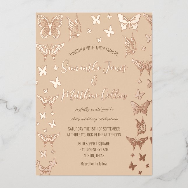 Butterflies Boho Peach Rose Gold Foil Wedding (Front)
