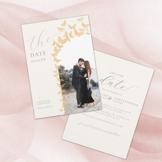 Butterflies Boho Photo Arch Wedding Save the Date (gold butterflies boho arch photo save the date elegant romantic modern whimsical classy calligraphy)