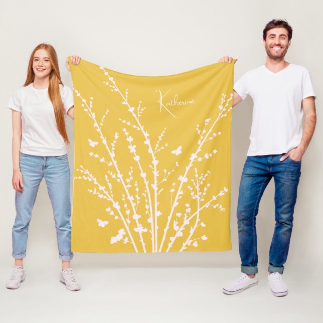 Butterflies Branches Customisable Name Fleece Blanket (In Situ)
