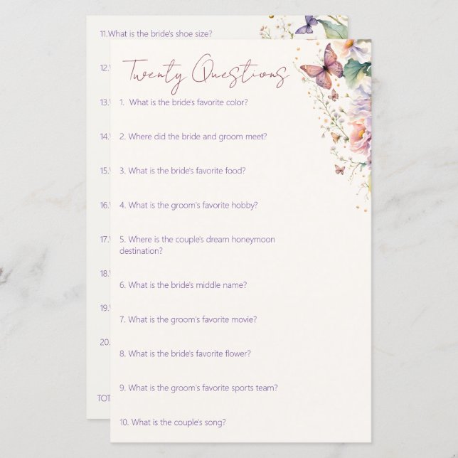 Butterflies bridal shower 20 questions game (Front/Back)
