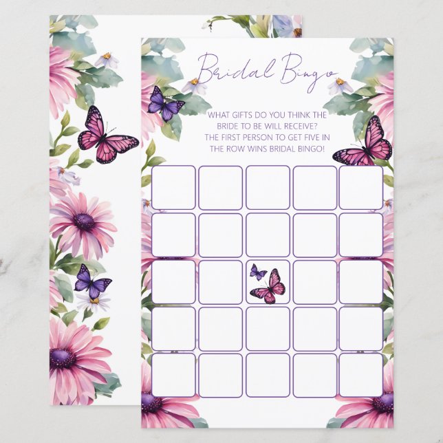 Butterflies bridal shower bingo game (Front/Back)