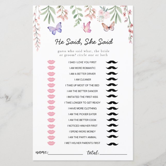 Butterflies Bridal Shower Game He Said She Said (Front)