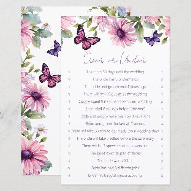 Butterflies bridal shower over or under game (Front/Back)