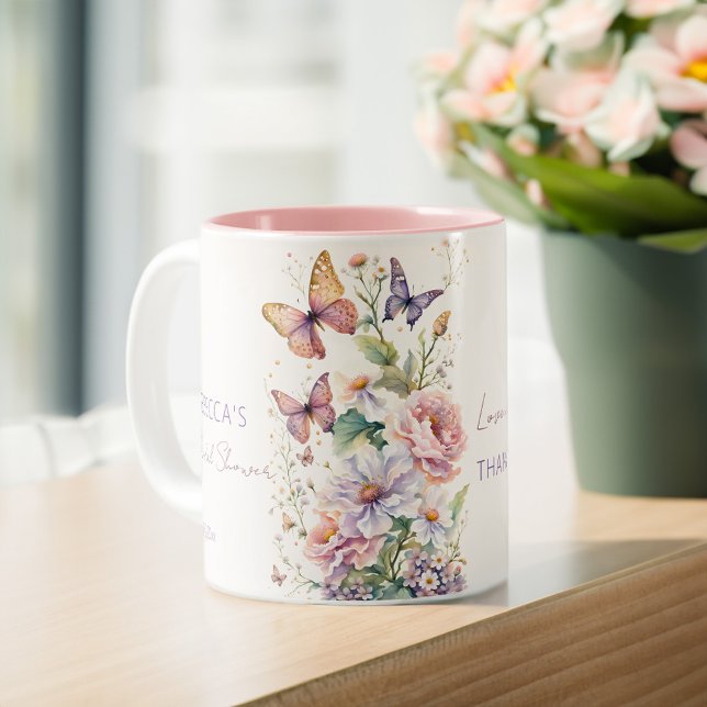 Butterflies bridal shower thank you favours Two-Tone coffee mug (Butterflies enchanted garden bridal shower thank you favors personalized coffee mug practical favors)