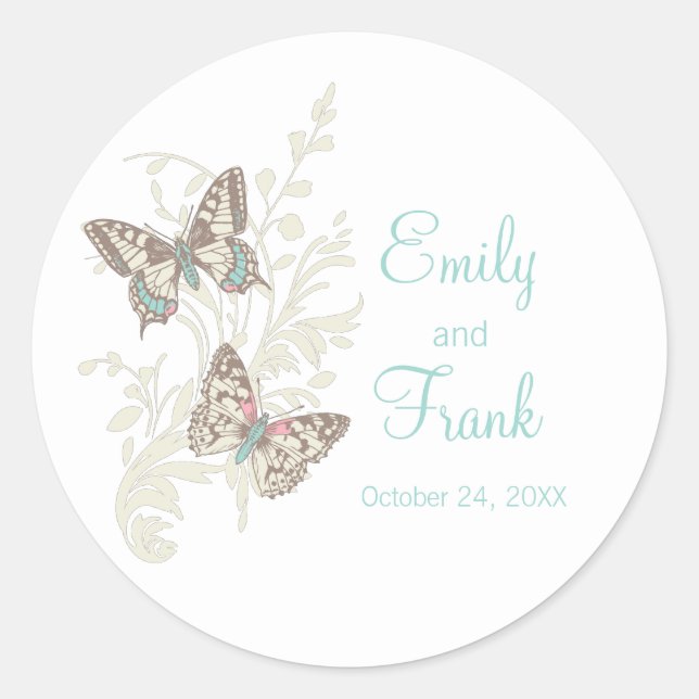 Butterflies brown aqua pink wedding sticker (Front)