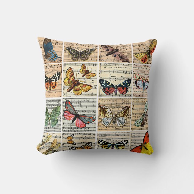 Butterflies bugs Sheet Music Vintage Ephemera Art Cushion (Front)