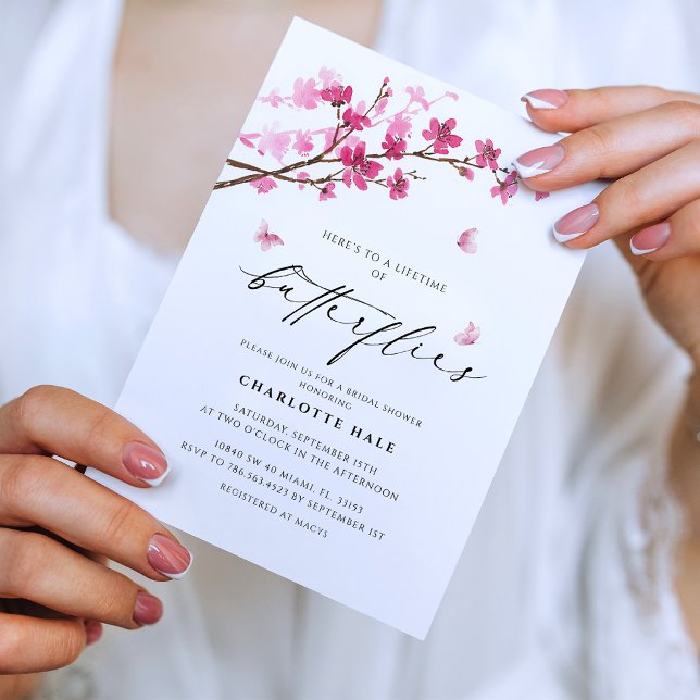 Butterflies Cherry Blossoms Pink Bridal Shower Invitation (Creator Uploaded)