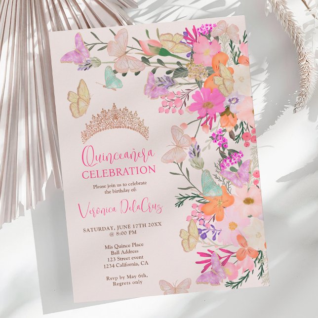Butterflies chic wildflowers spring quinceanera invitation (Butterflies chic wildflowers spring quinceanera invitation)