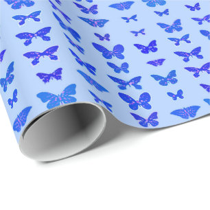 Butterflies, cobalt blue, light blue background wrapping paper
