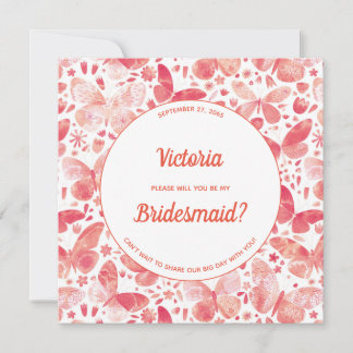 Butterflies Coral Pink Be My Bridesmaid Invitation