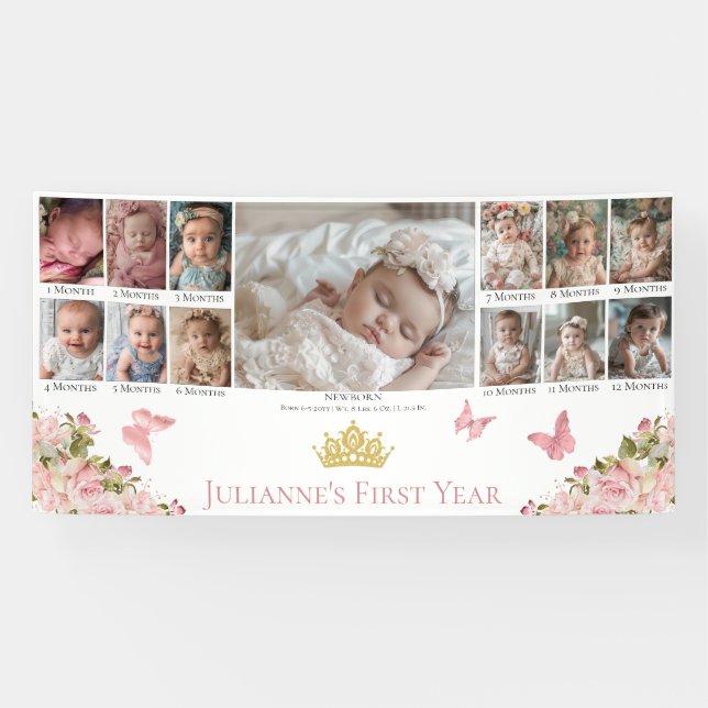 Butterflies Crown 13 Photo 1st Birthday Milestone Banner (Horizontal)