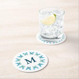 Butterflies Custom Colours Graphic Monogrammed Round Paper Coaster