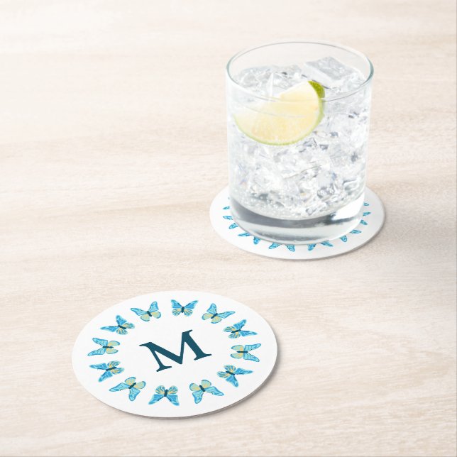 Butterflies Custom Colours Graphic Monogrammed Round Paper Coaster (Insitu)