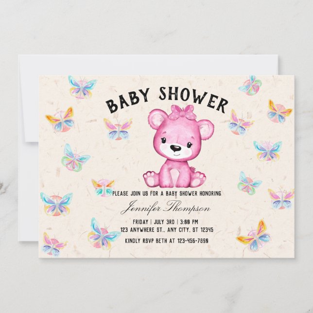 Butterflies & Cute Bear Baby Shower Invitation (Front)