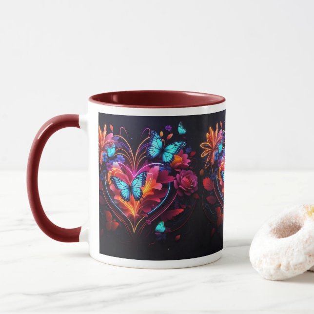 Butterflies Dancing Among Vibrant Flowers Mug (With Donut)