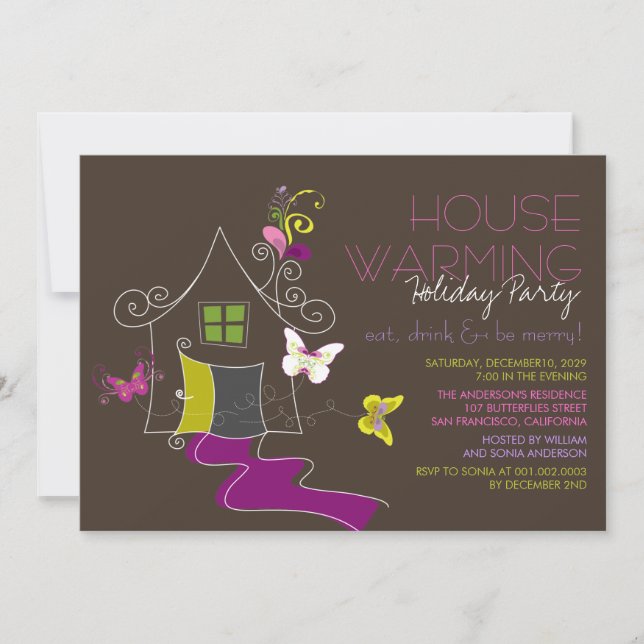 Butterflies Deco Leaves Housewarming Holiday Party Invitation (Front)