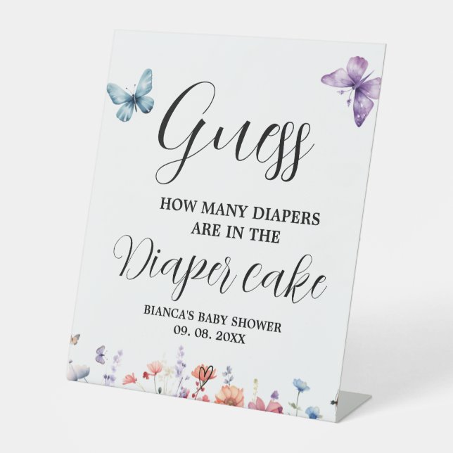 Butterflies Diaper cake guessing Baby Shower Game  Pedestal Sign (Front)