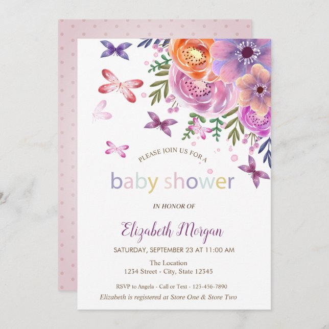  Butterflies Dots Floral Baby Shower Invitation (Front/Back)