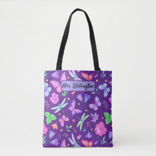 Butterflies & Dragonflies purple and pink floral Tote Bag