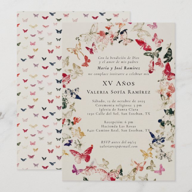 Butterflies Elegant Quinceañera 15th Birthday Invitation (Front/Back)