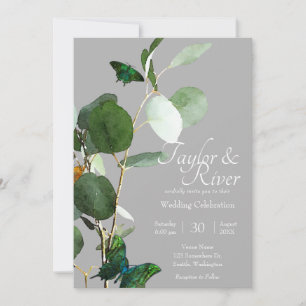 Butterflies & Eucalyptus Grey Wedding Invitation