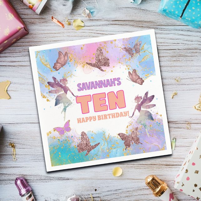 Butterflies Fairy Gold Glitter 10th Birthday Party Napkin (Creator Uploaded)