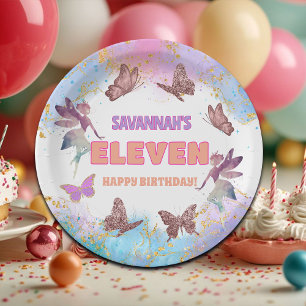 Butterflies Fairy Gold Glitter 11th Birthday Party Paper Plate