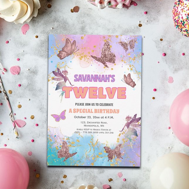 Butterflies Fairy Gold Glitter 12th Birthday Party Invitation (Creator Uploaded)