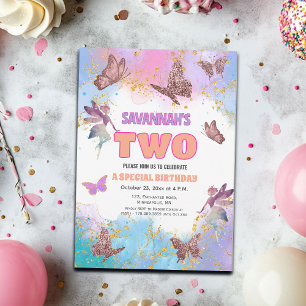 Butterflies Fairy Gold Glitter 2nd Birthday Party Invitation