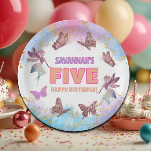 Butterflies Fairy Gold Glitter 5th Birthday Party Paper Plate